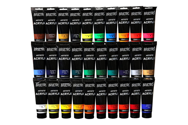 BRUSTRO Acrylic Paint Set of 24 - Multicolour 12ml Tubes + Gold Taklon  Brush Set of 10/Buy now ! – BrustroShop