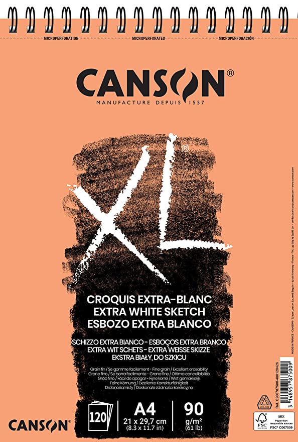 Canson XL Black Drawing 150gsm A3 Paper, Double Sided: Grained & Smooth,  Spiral Pad Short Side, 40 Black Sheets, Ideal for Professional Artists 