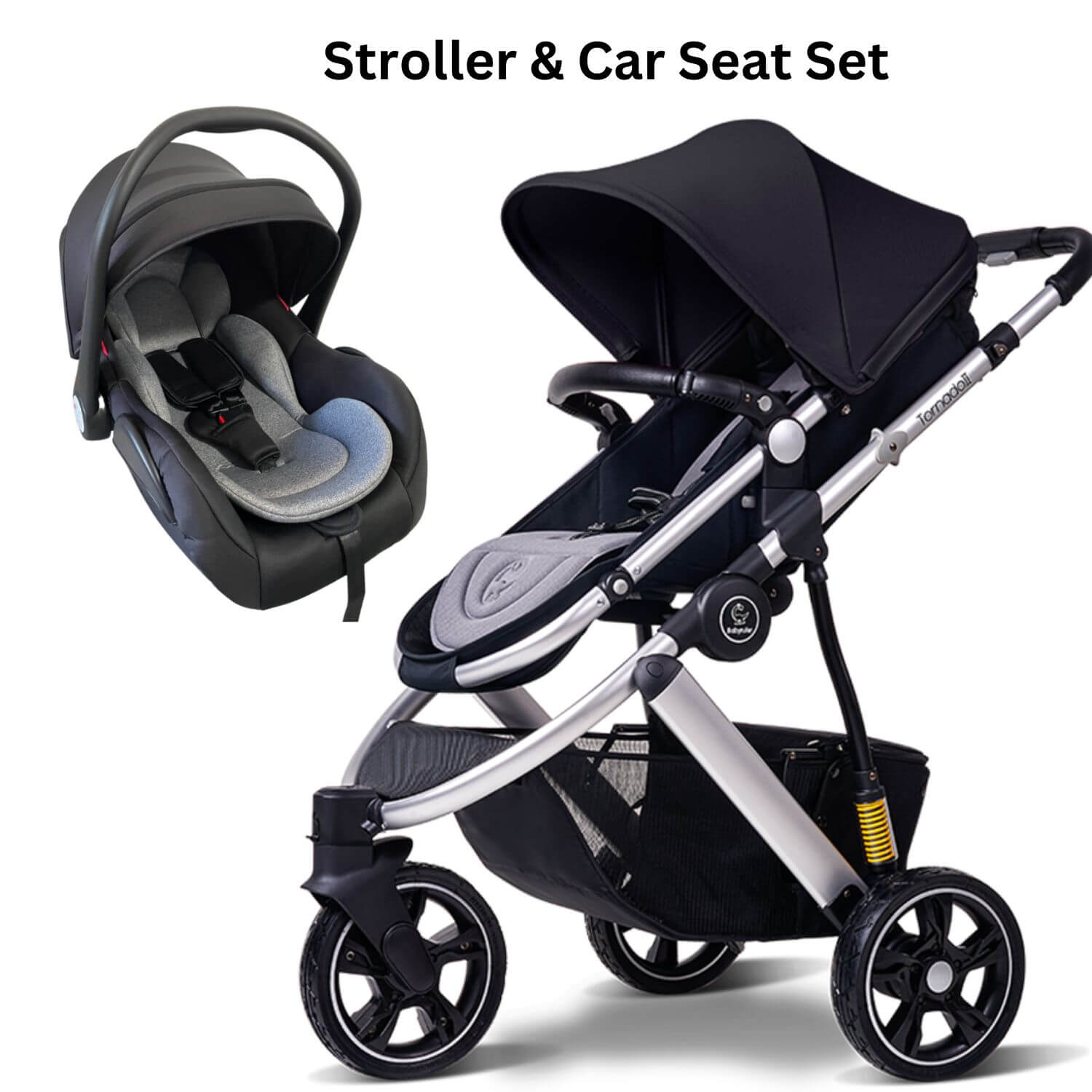 Three Wheels Baby Stroller & Baby Car Seat Set-Black, Hi Market