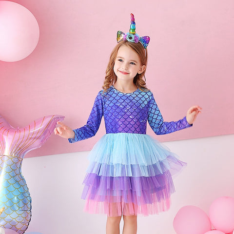 Vestido Infantil Barbie Sereia Manga Longa Em Tule Festa