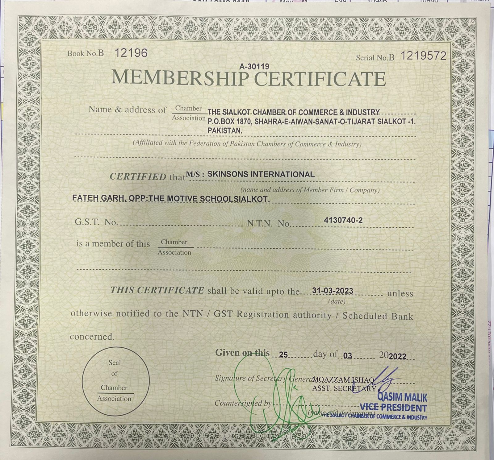 Leather Jacket Gear Sialkot Chember Certificate