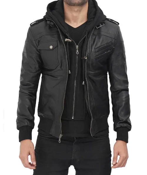 Mens Distressed Grey Hooded Leather Jacket