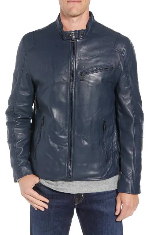 Mens Navy Blue Leather Biker Jacket