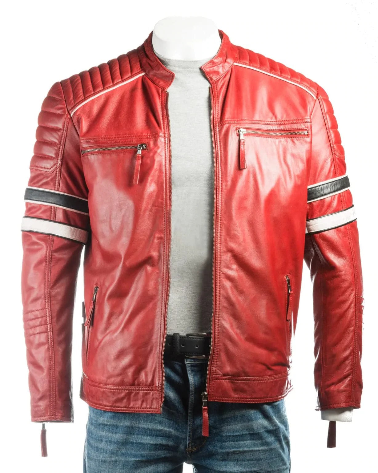 Mens Red Racing Biker Style Leather Jacket