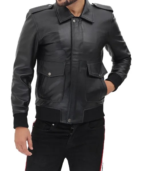 Pesaro Men's Bomber Black Leather Jacket