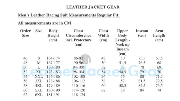 Größentabelle für Herren-Motorrad-Rennanzug aus Leder von Lederjackenausrüstung