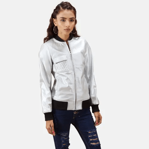 Womens Donna Blake White Leather Bomber Jacket