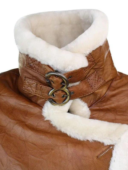Womens Tan Brown Double Breasted Shearling Jacket-7