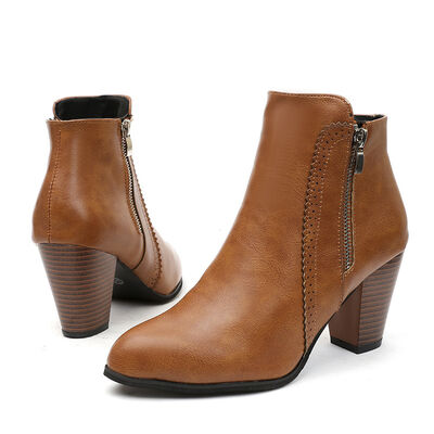 Leather Block Zippered Heel Boots