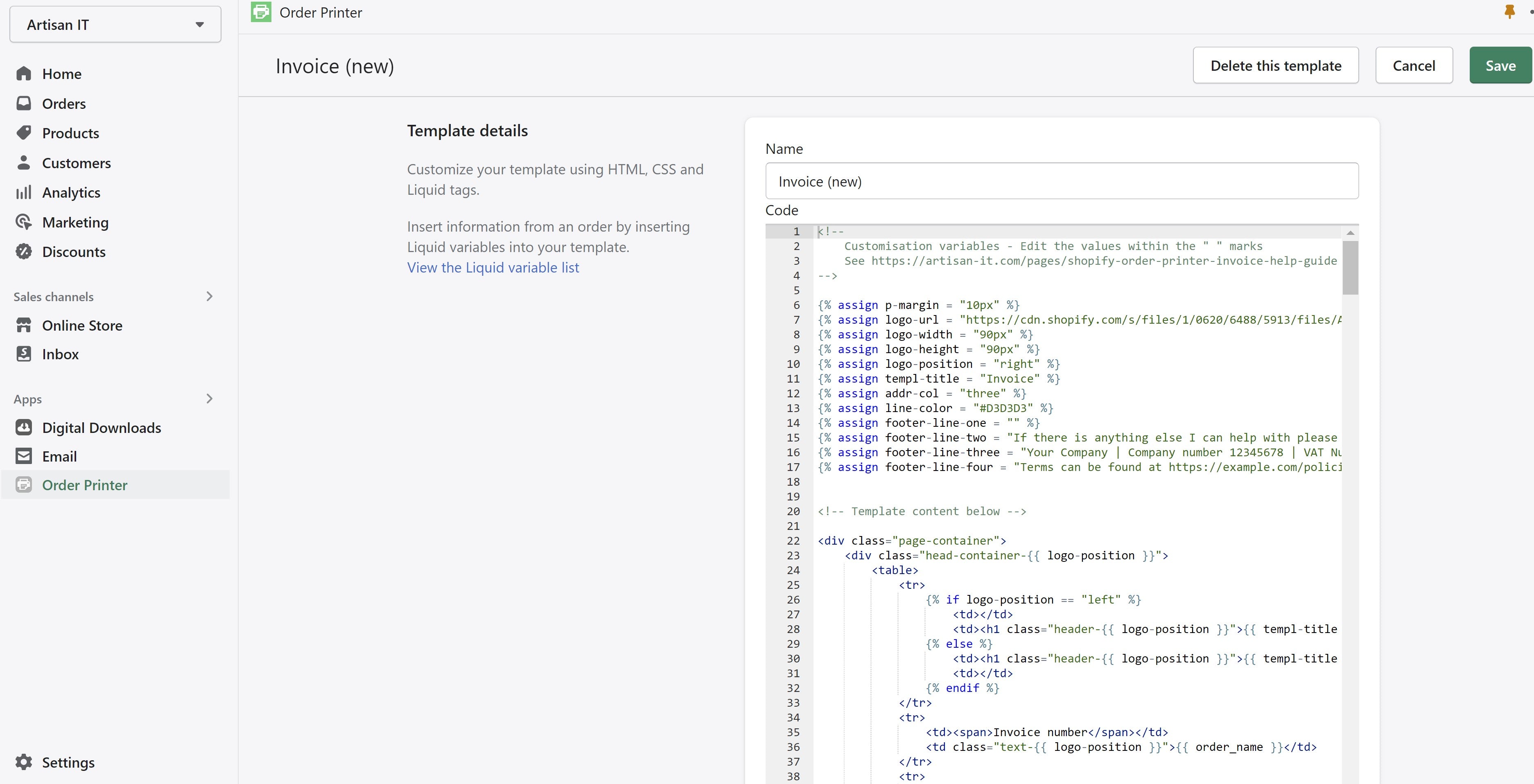 Screenshot of the Shopify Order Printer template code section