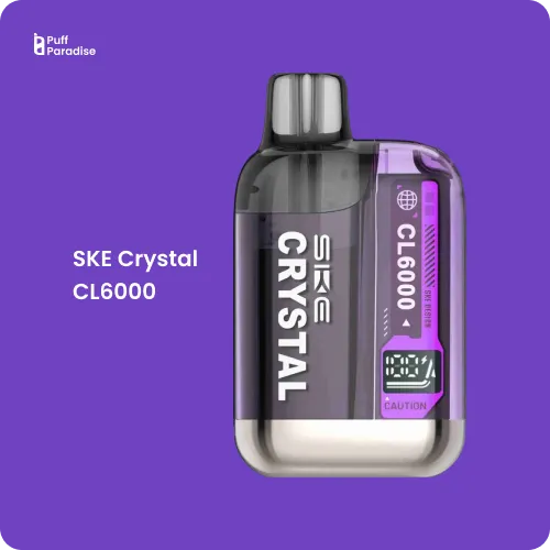 SKE Crystal CL6000 disposable vape, featuring a sleek design with bold branding on a vibrant purple background.