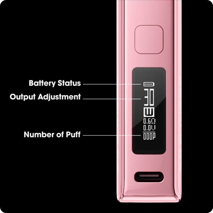 Close-up of a pink vape device screen displaying battery status, output adjustment, and puff count indicators.