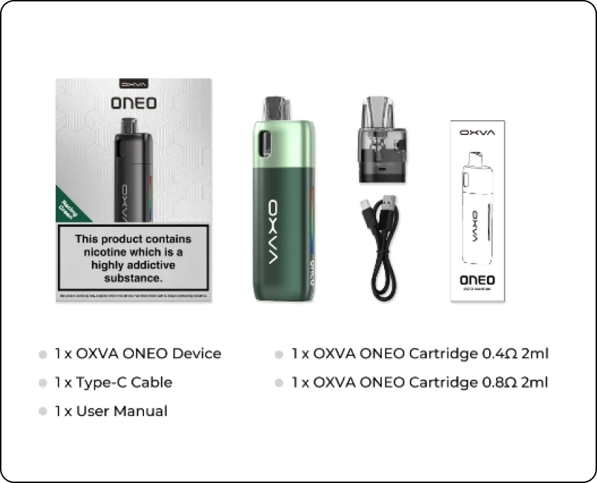 Image of the OXVA ONEO vape kit, including the device, two cartridges, a Type-C cable, and a user manual, with a warning label.