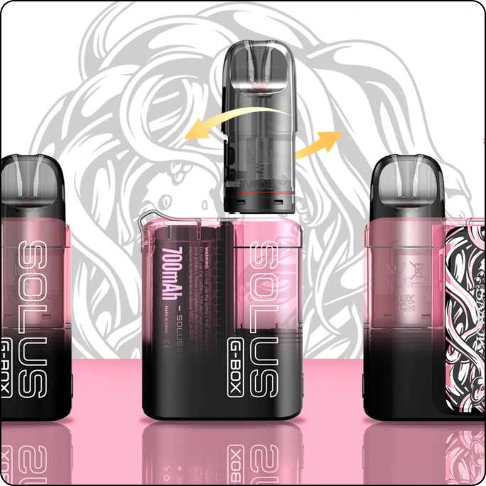 Three vaping devices with a transparent design, one with an arrow indicating a sliding cap mechanism.