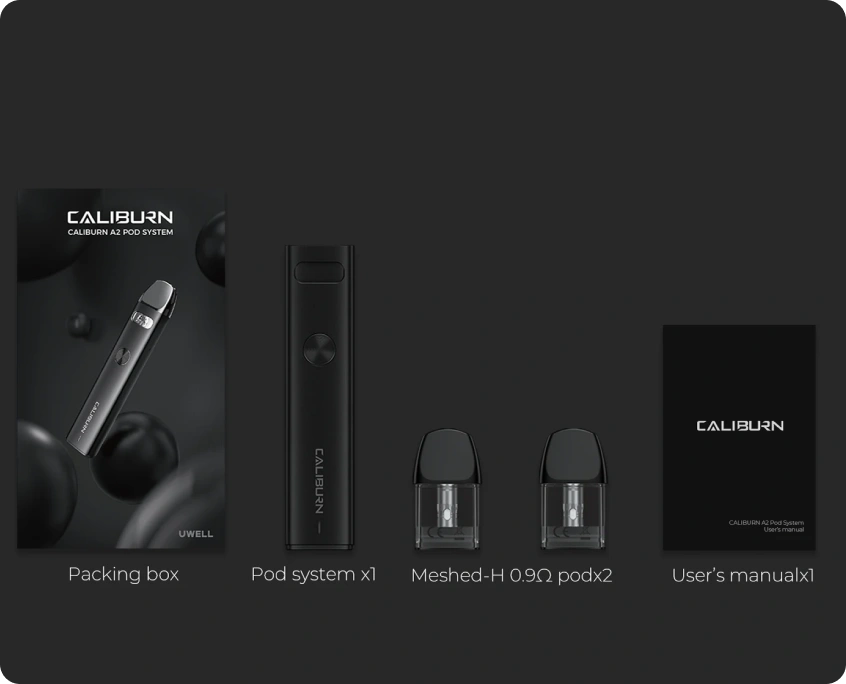 Caliburn A2 Pod System kit featuring the pod device, two 0.9Ω pods, packing box, and user's manual on a dark background.