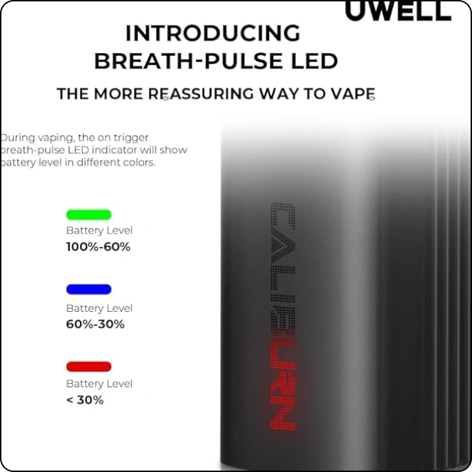 Vape device with breath-pulse LED indicator showing battery levels in colors.