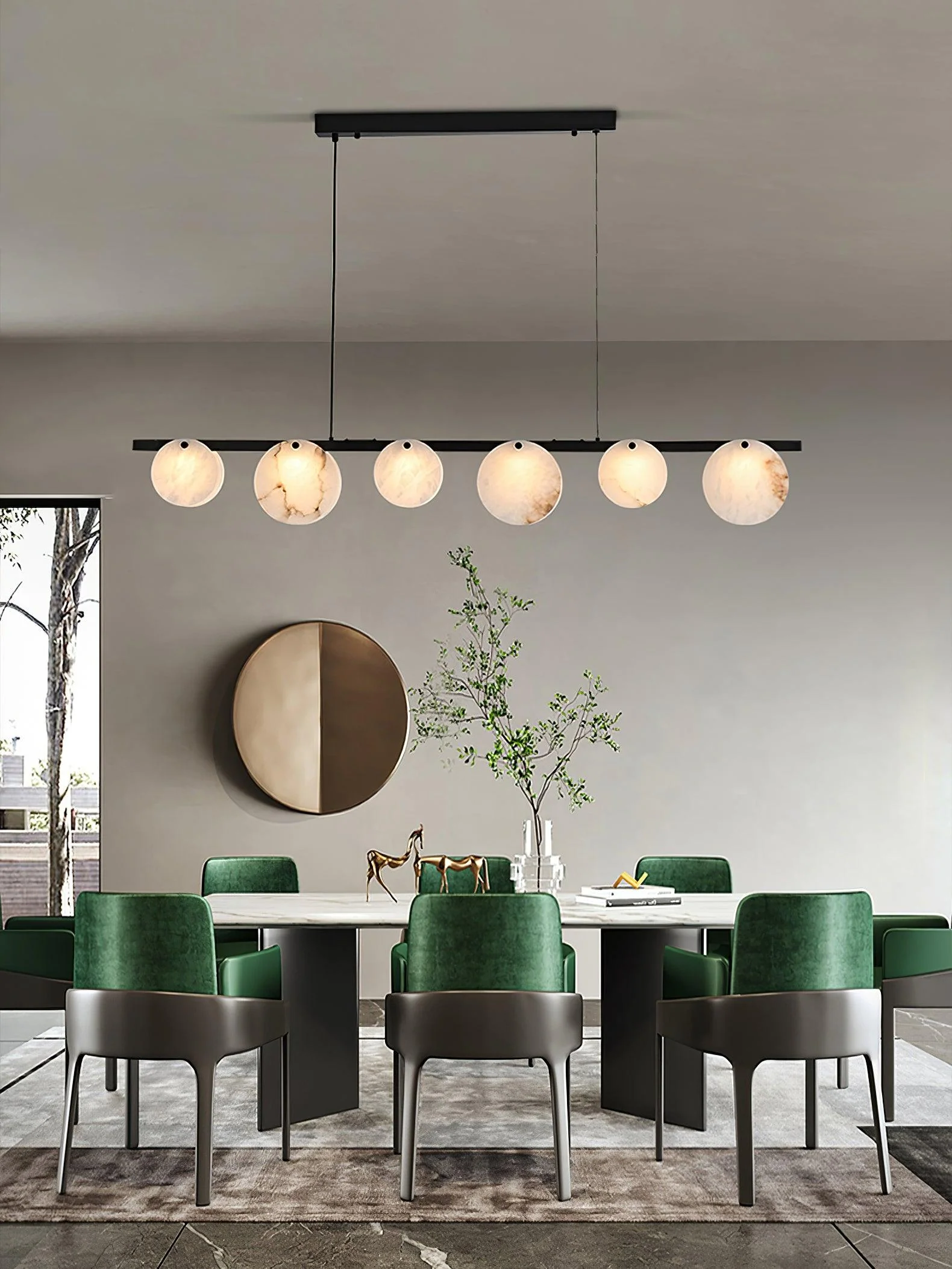 Modern dining room with a linear pendant light featuring six marble globe shades