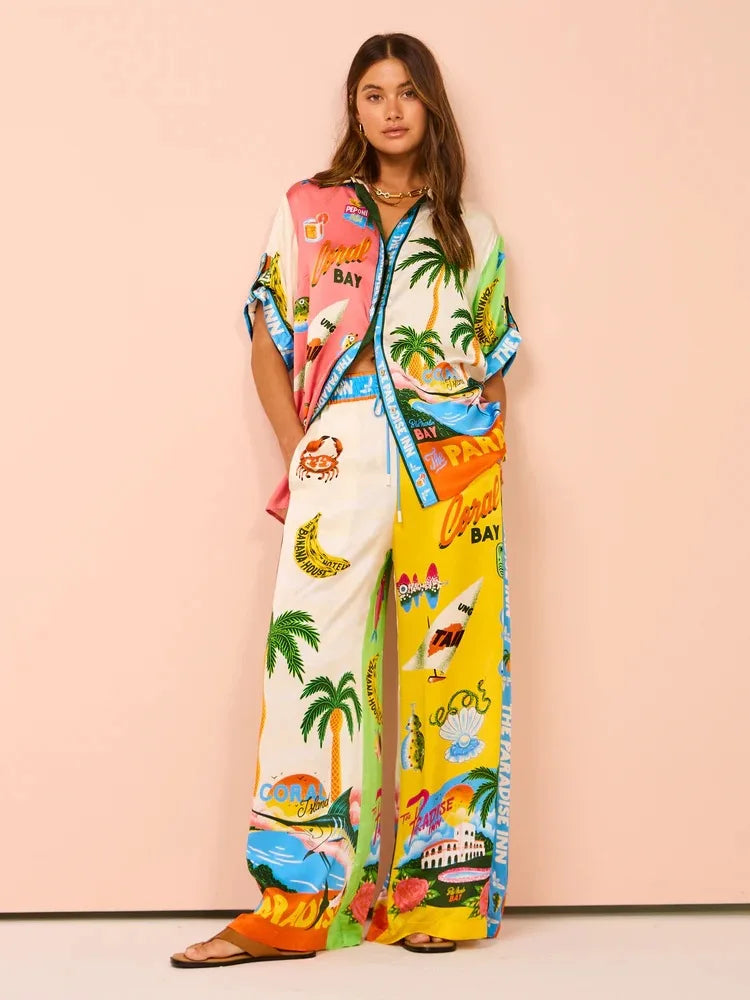 Printed Coconut Trees Top & Loose Pants Set