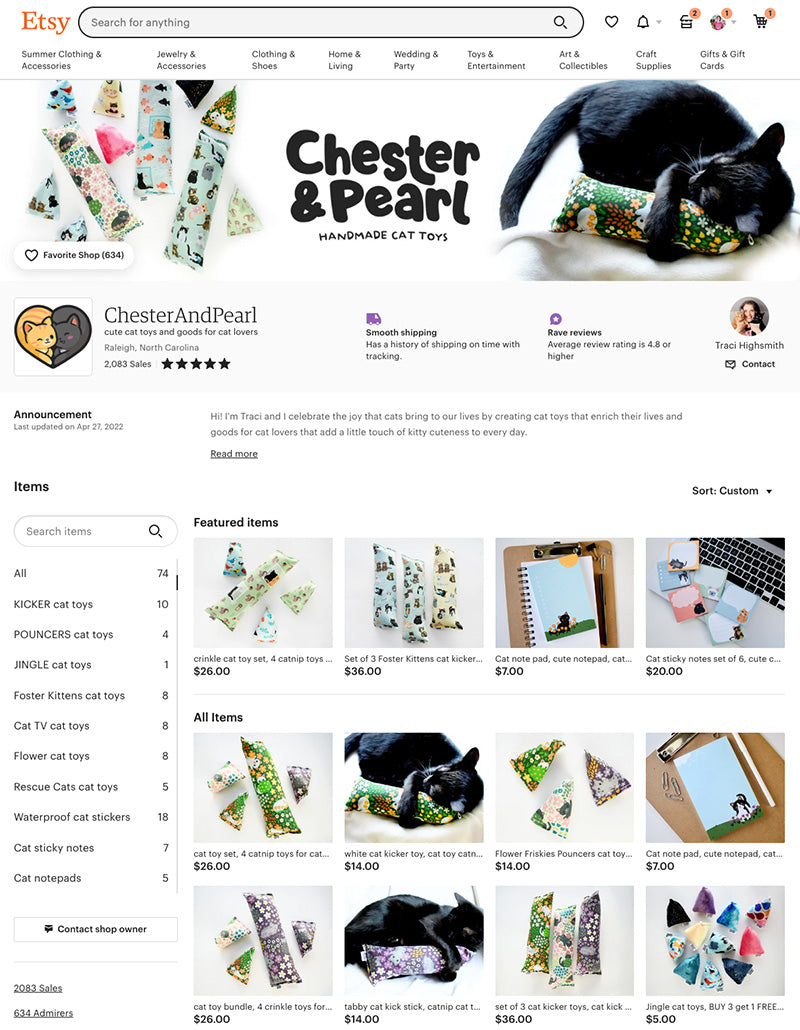 Chester & Pearl Etsy homepage