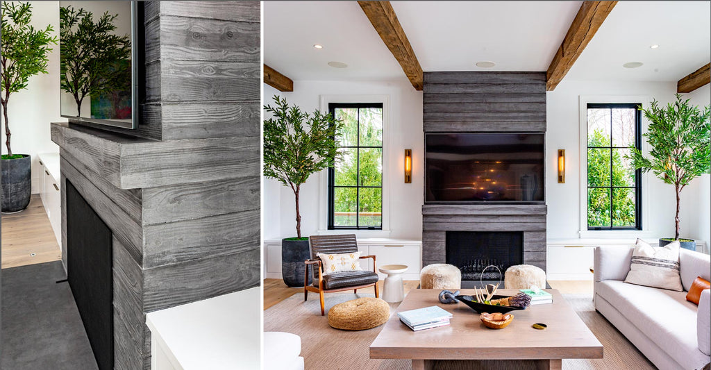 Board-formed concrete fireplaces that look like planked wood.