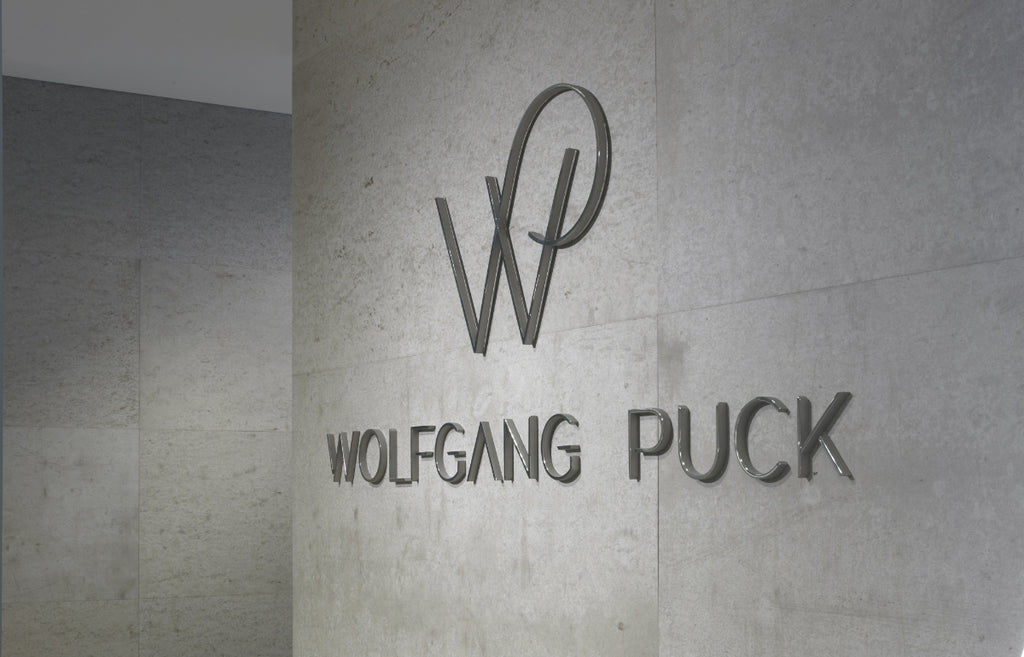 Gray concrete wall panels at a Wolfgang Puck Restaurant.