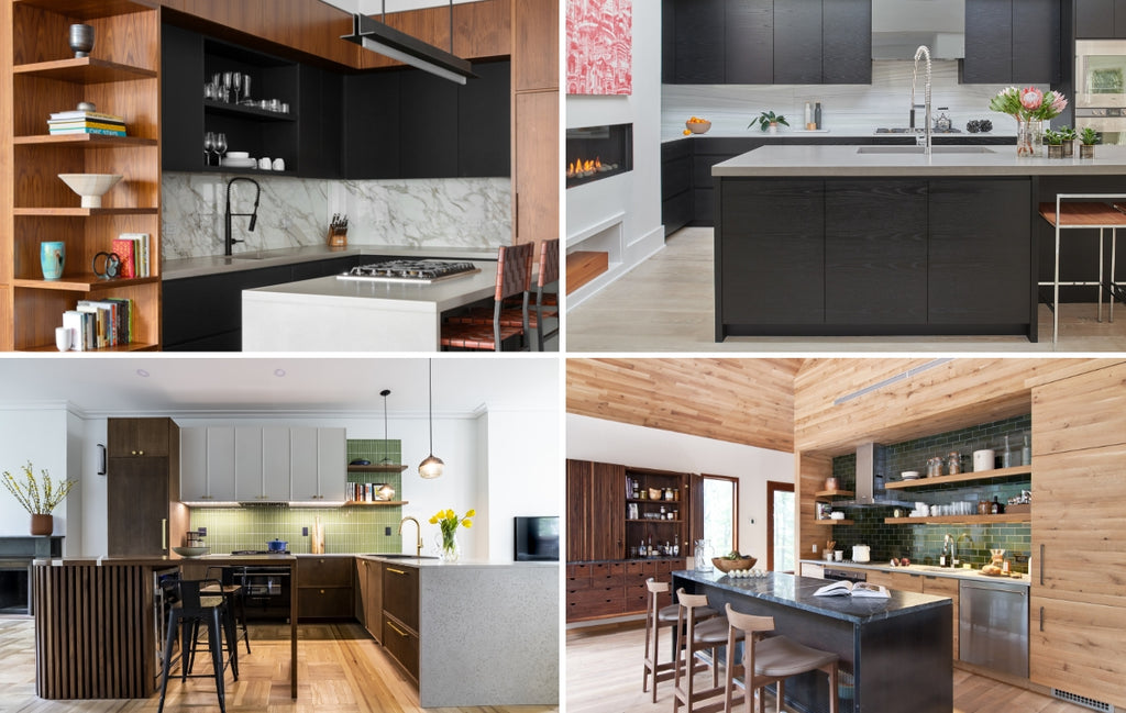 Collage of kitchens in mid century modern style with concrete freatures. 