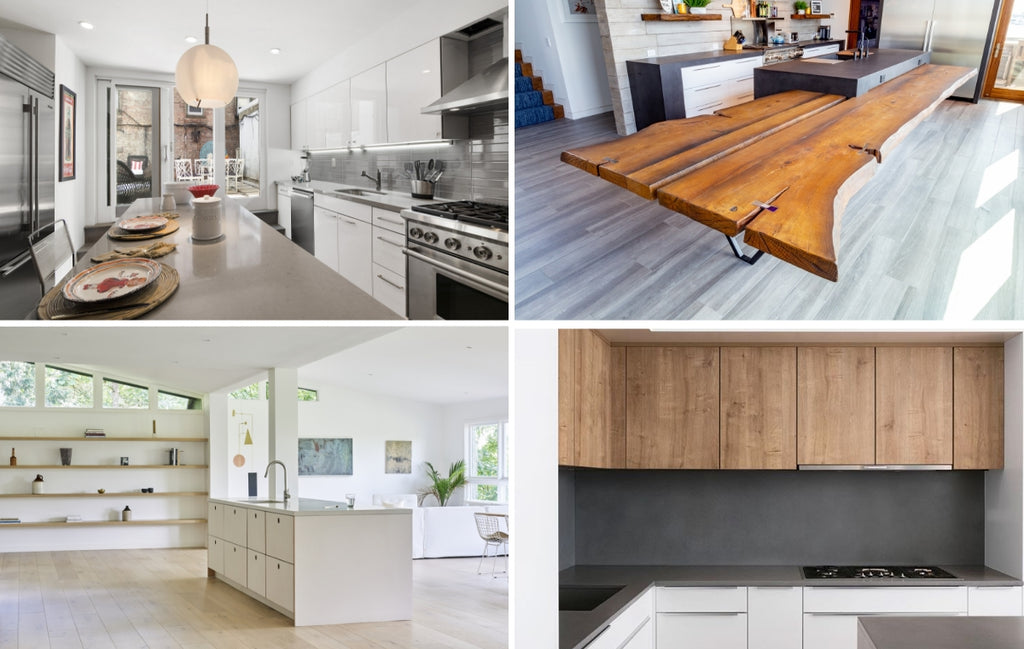 Collage of images of concrete countertops in modern kitchens. 