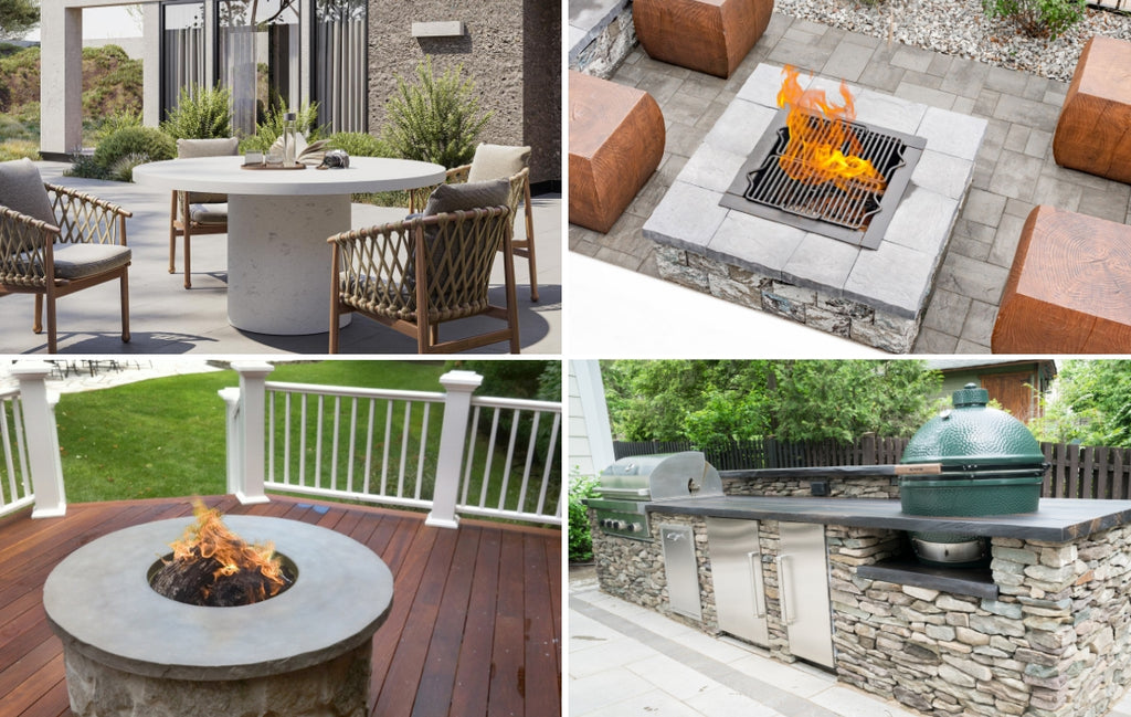 Collage of outdoor spaces with concrete features like fireplace, firetable and concrete kitchen.