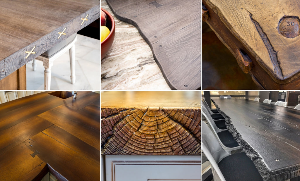 Collage of different methods and finishes used on Woodform wood-look concrete.