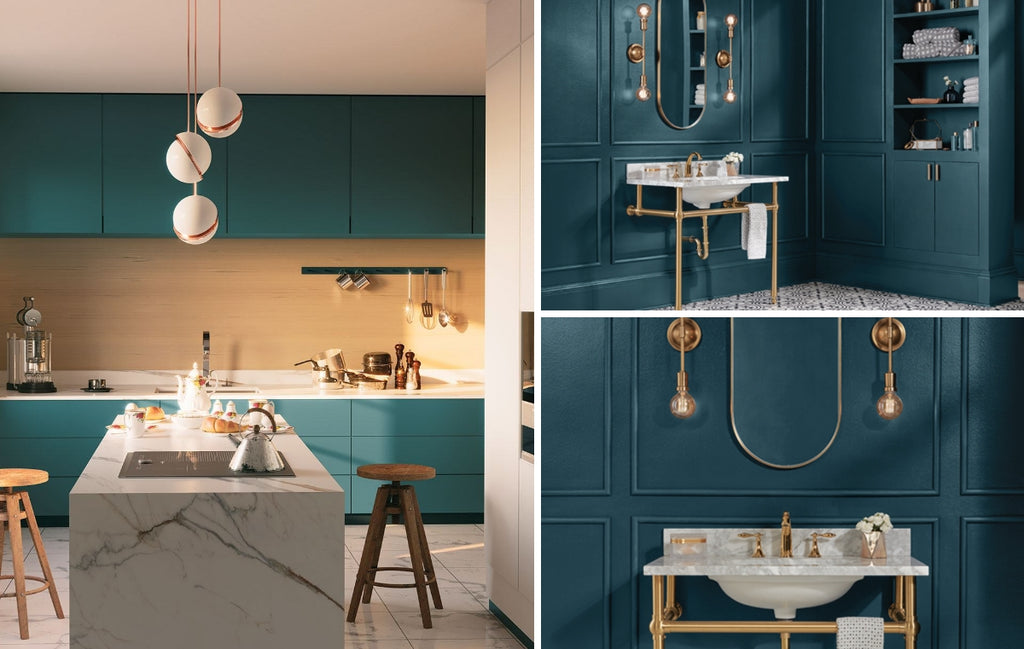 Collage of home spaces with deep blue-green in the color palette