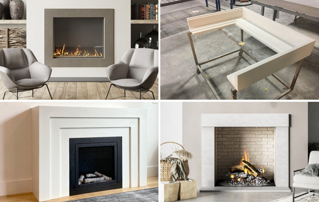 Collage of concrete fireplace surrounds in living rooms. 