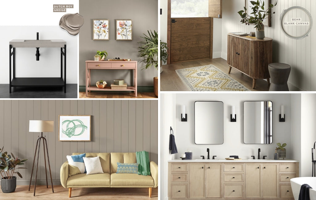 Collage of living rooms, bathrooms, and foyers with greige color palettes.