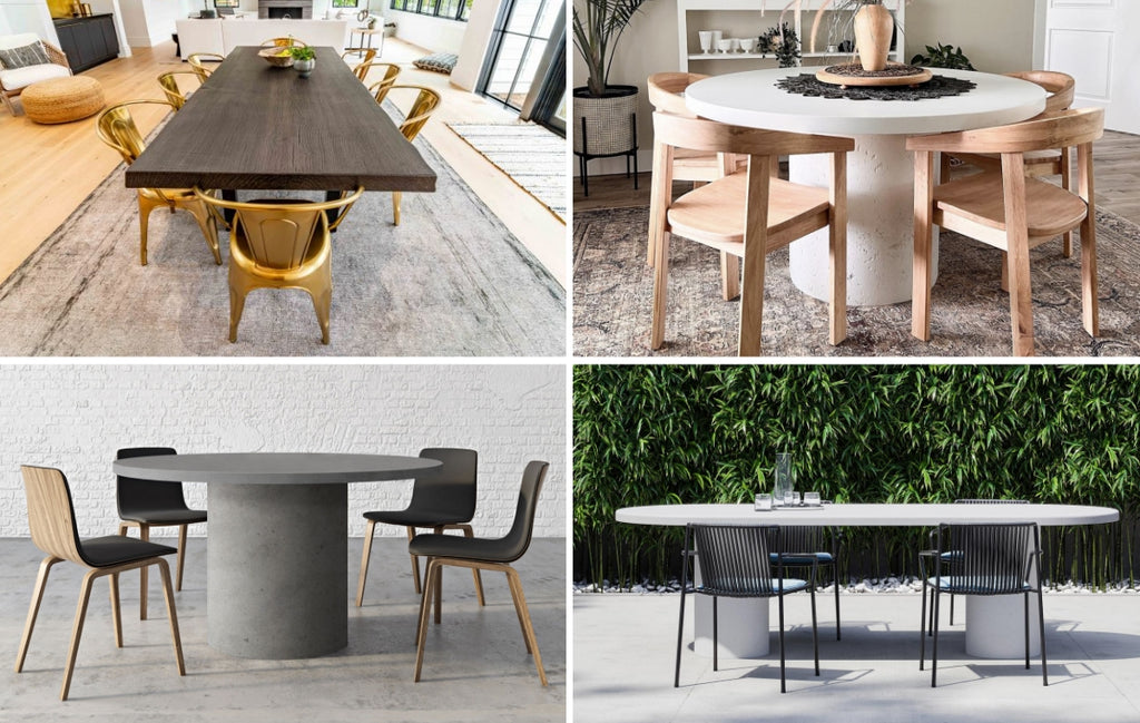 Collage of concrete tables in different settings including dining rooms and backyard patios.