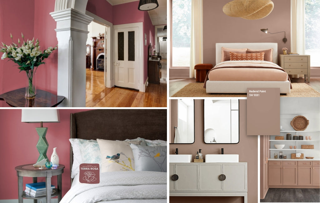 Collage of home spaces with warm pink colors on the walls.