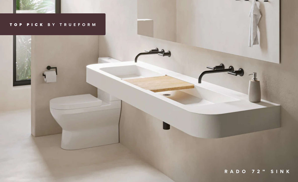 Rado concrete double station sink in a residential bathroom.