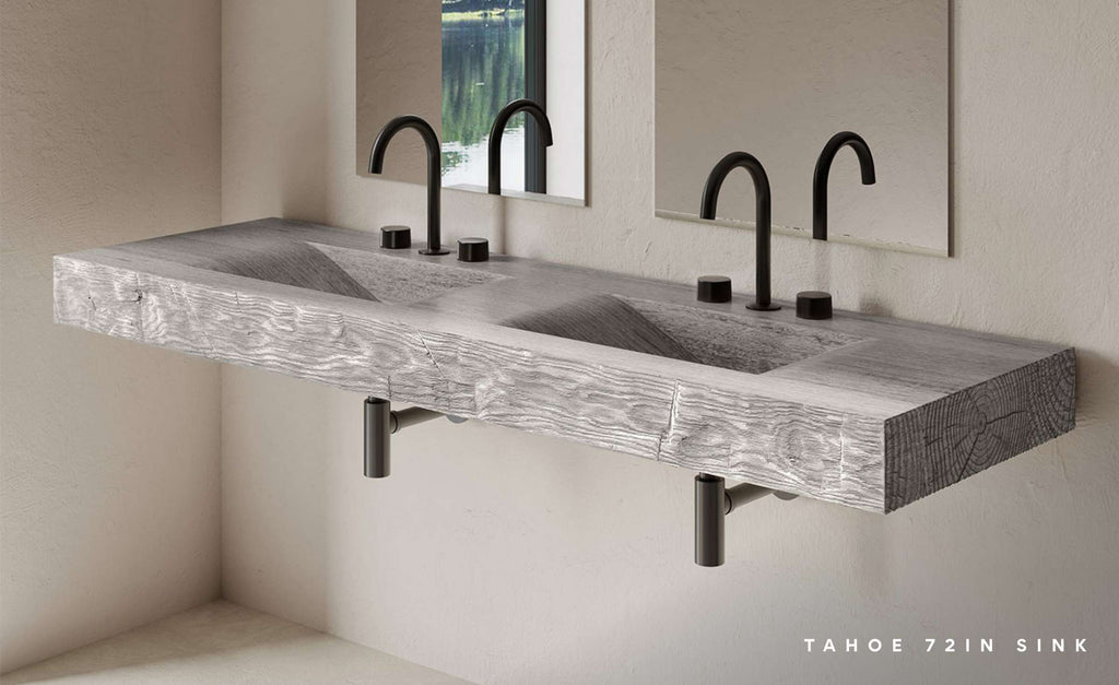 Wood look concrete double station sink in a residence.