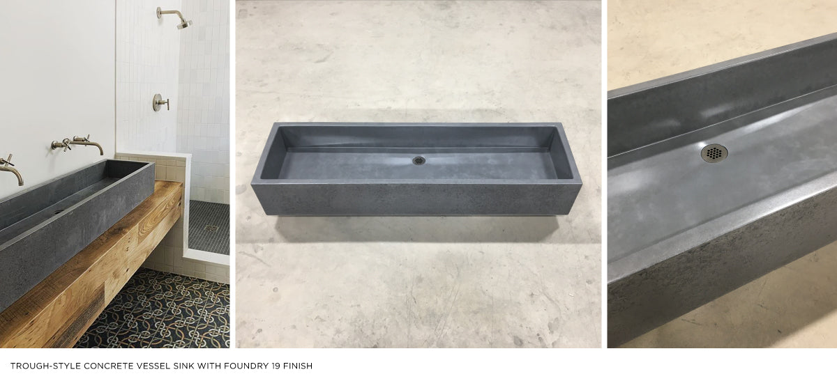 Collage of three images of a deep gray rectangular trough sink.