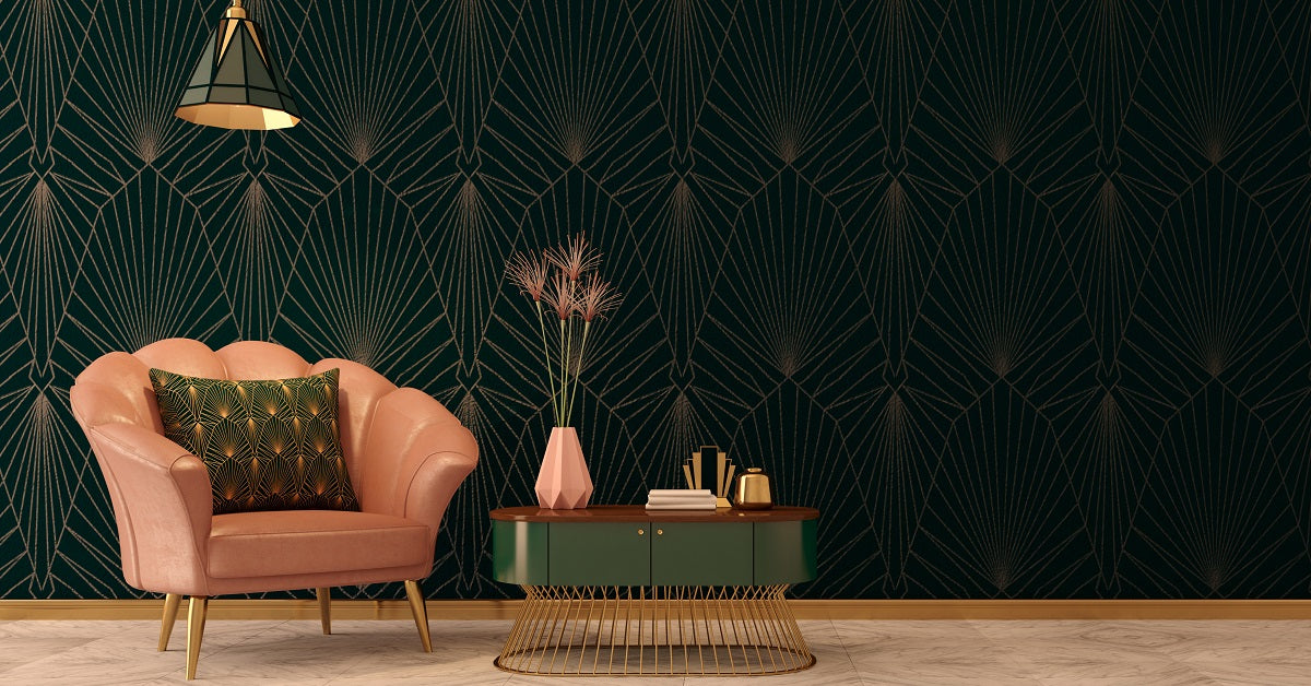 Highly stylized art deco space with dark green wallpaper and velvet seating.