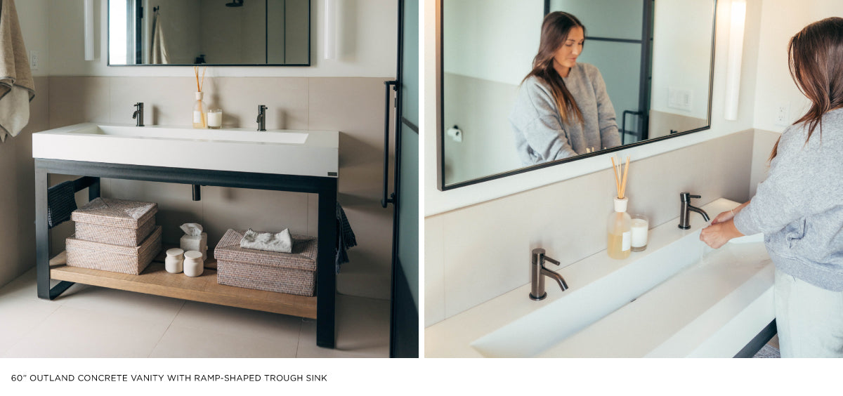 Collage of two images featuring white concrete dual trough sink.