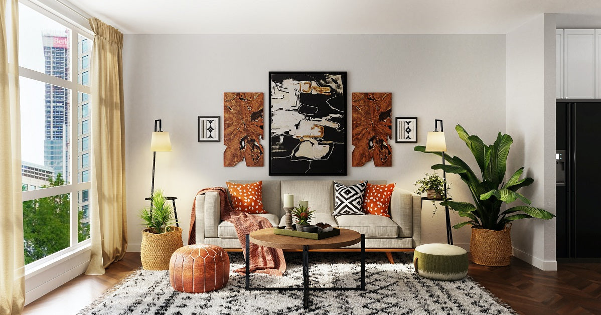 Round coffee table at the center of an urban living room.