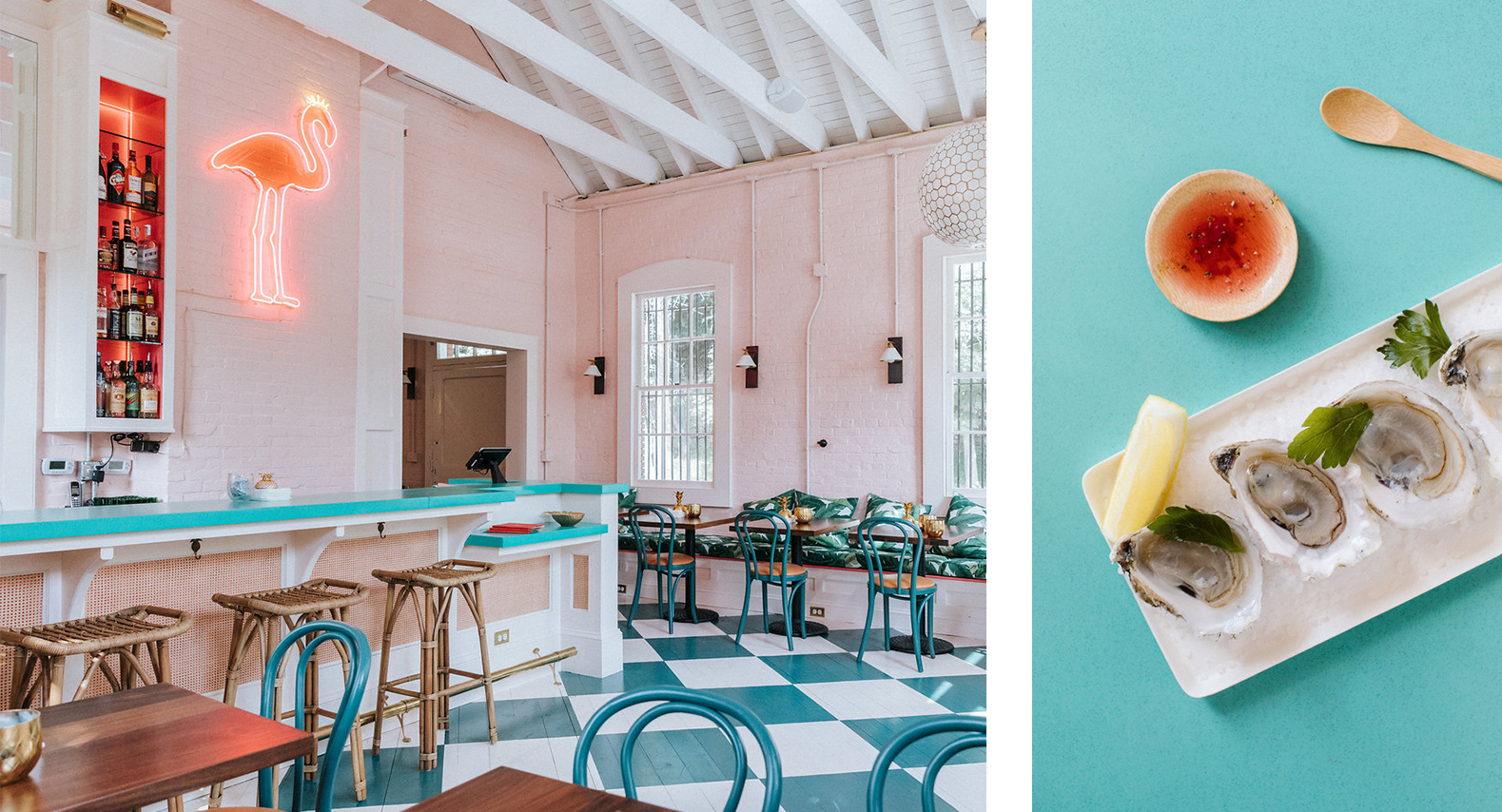 Pink and teal restaurant with concrete countertops.