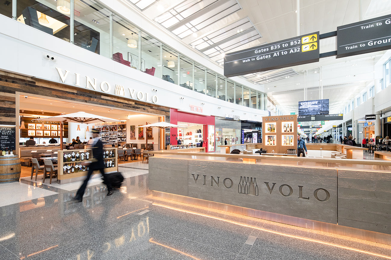 Concrete panels customized with a brand logo in an airport.