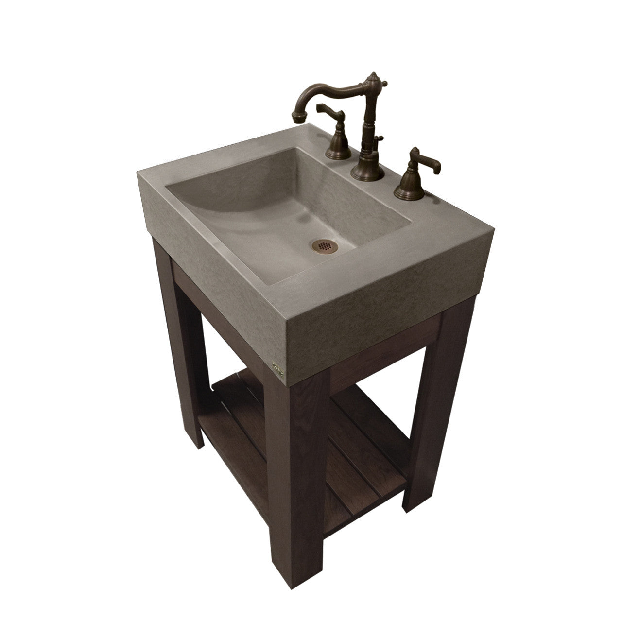 Dark gray concrete sink with dark wood console supports. 