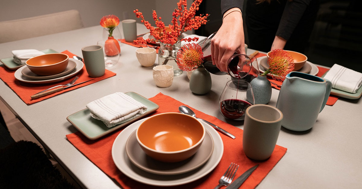 Concrete table set with fall themed decor.