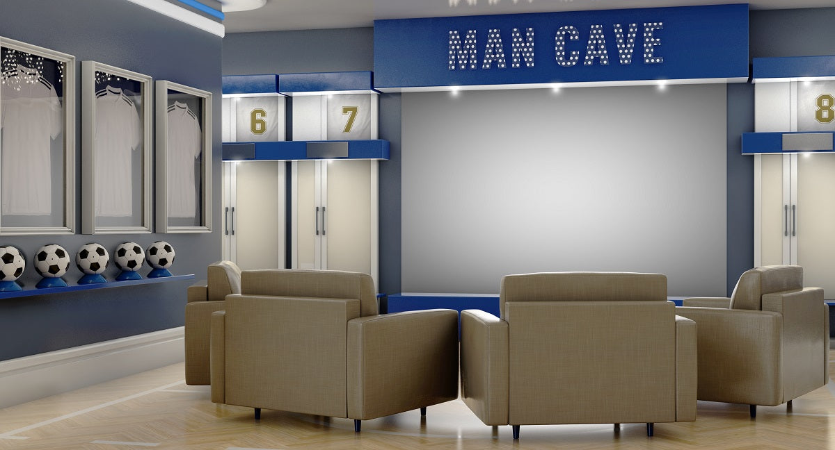 Sports themed man cave in white and blue.