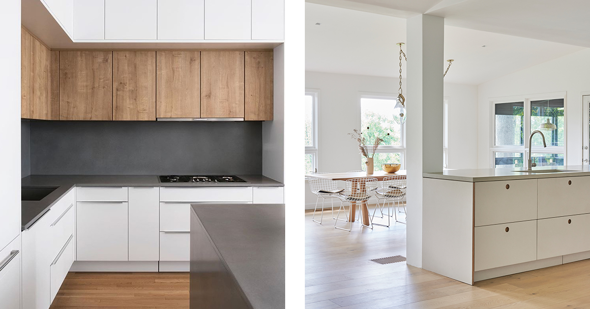 Modern minimal kitchens with concrete on the countertops and backsplash.