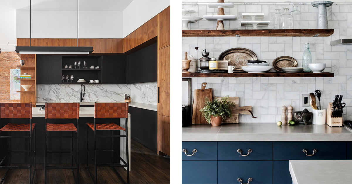 A collage of kitchens with marble backsplashes, wood shelving and cabinets, and concrete countertops.