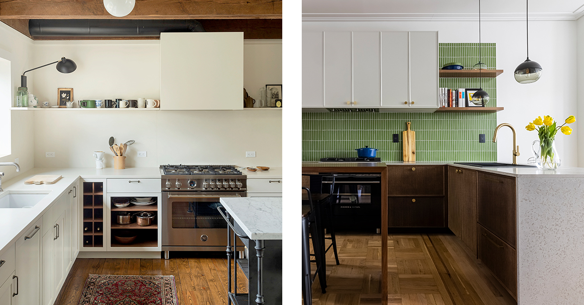 A collage of two kitchens with natural color palettes in white, brown, and gray.