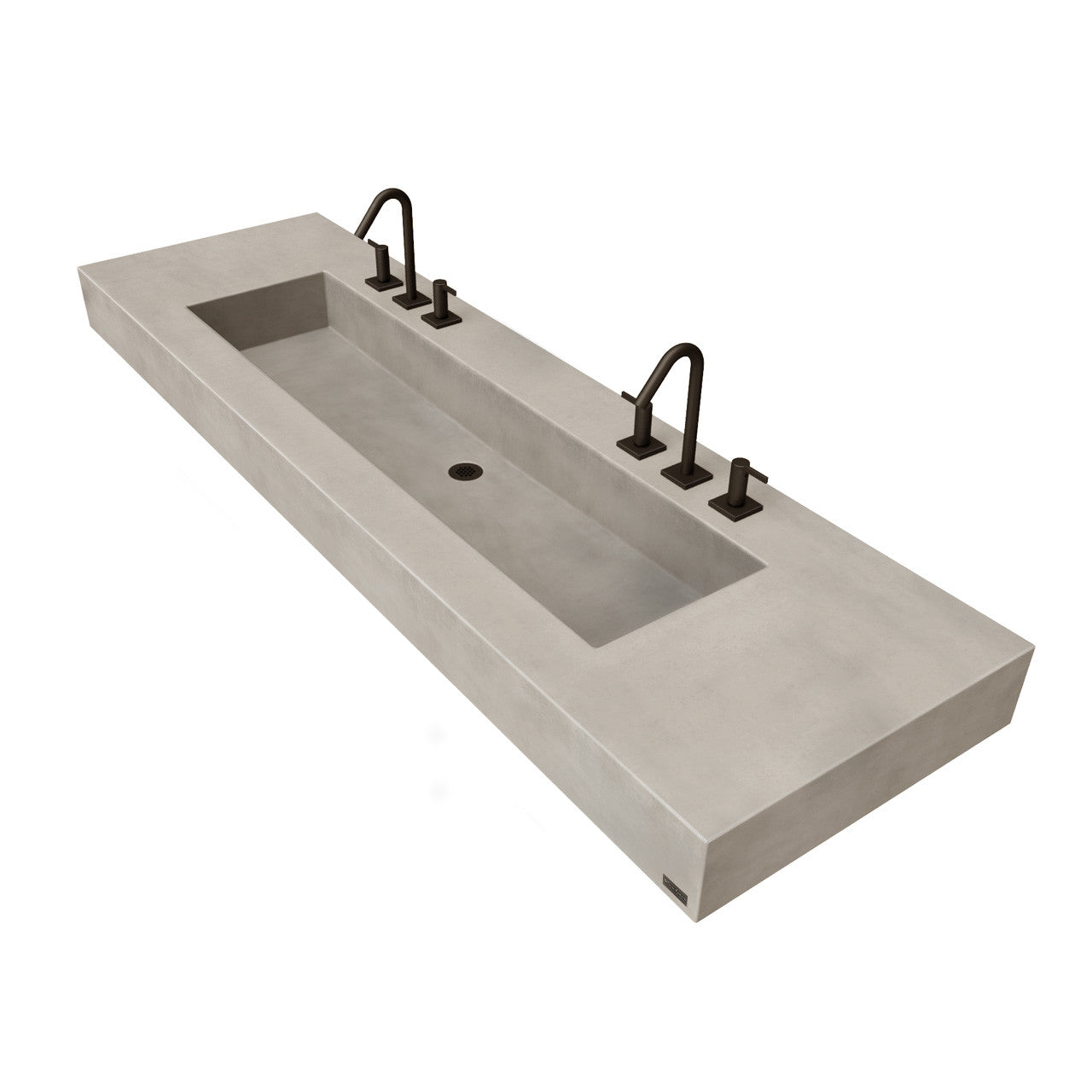 Gray concrete trough sink with multiple stations.