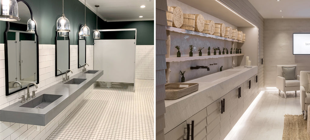 Collage of two commercial bathrooms with massive countertop sink combinations.